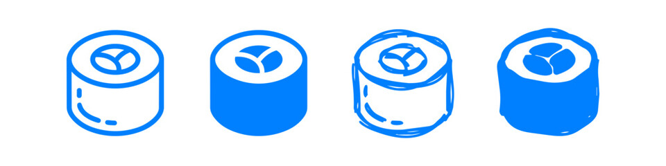 A set of blue maki sushi roll icons in four styles, from clean vector lines to sketchy hand-drawn doodles. Perfect for Japanese food menus, restaurant branding, and modern graphic design. © Nort Kor