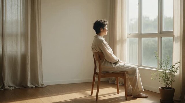 Pensive person sitting on a wooden chair in a sunlit room, peacefully looking out the window while contemplating life. Tranquil morning scene representing solitude and mindfulness