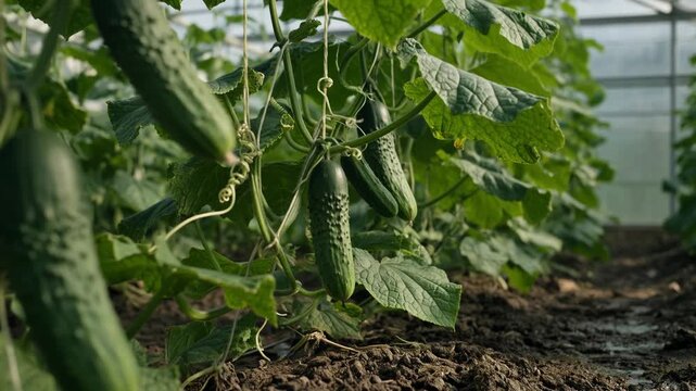 Green cucumbers growing on vines in a modern glasshouse, showcasing rows of fresh produce cultivated for agriculture and sustainable farming in a controlled environment for a healthy diet