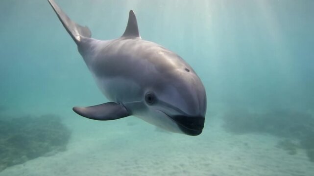 Playful porpoise swimming gracefully in clear blue water over a sandy ocean floor with sun rays filtering through the surface, showcasing the beauty and serenity of marine wildlife