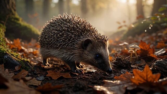 Curious hedgehog walking through fallen autumn leaves in a misty forest, sniffing the ground for food as beautiful golden sunlight shines through the trees in the enchanting morning woods