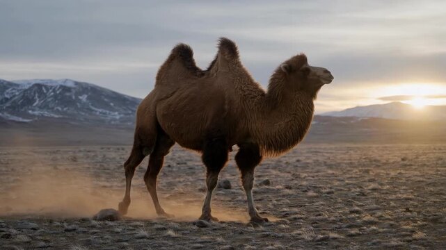 Majestic bactrian camel walking across the vast mongolian steppe, kicking up dust in the golden light of the setting sun with snowy mountains visible on the distant horizon