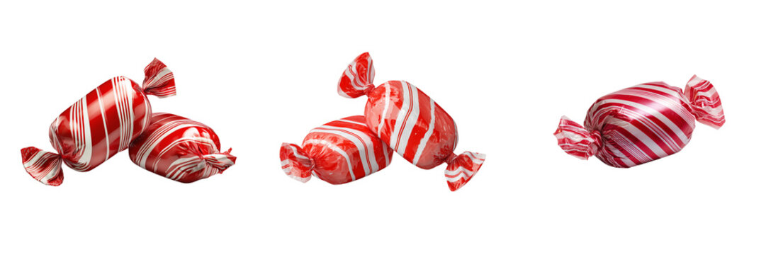 Set of Colorful wrapped striped candy sphere with red and white spiral pattern on transparent png background. Ai generated