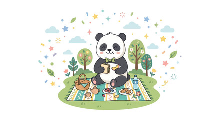 Fototapeta premium An adorable panda with a bow tie sits on a picnic blanket, eating a sandwich and fruit in a whimsical park with confetti and stars.