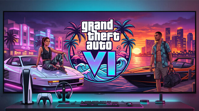 Grand Theft Auto VI (GTA 6) logo displayed on a large monitor screen in a modern gaming setup. Rockstar game concept with Vice City scenery, PS5 console, controller, headset, and keyboard. Photo