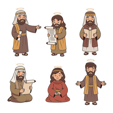 Collection of six cartoon illustrations featuring biblical figures and saints with gold halos, holding scrolls and books or kneeling in prayer, isolated on a white background.