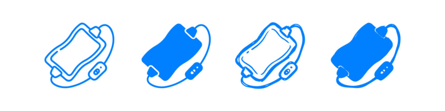 Set of blue hand-drawn electric heating pad icons. Doodle style for heat therapy and muscle relief.