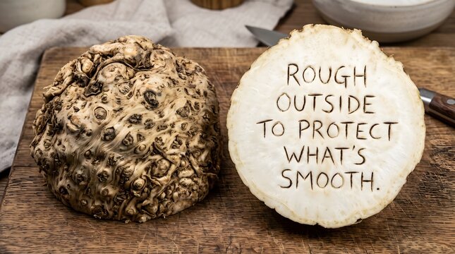 Metaphorical image of a celeriac root cut in half with the message 'Rough outside to protect what's smooth' engraved on its surface, representing inner character and resilience.