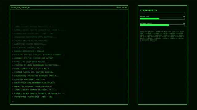 Secure Data Terminal System Metrics Binary Stream Dashboard Animation Green Hacker Loop.