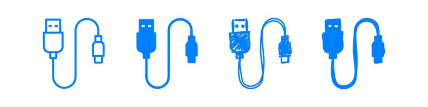 Set of blue USB cable icons in four styles: outline, solid, and hand-drawn sketches. Versatile graphics for technology, data transfer, and charging concepts.