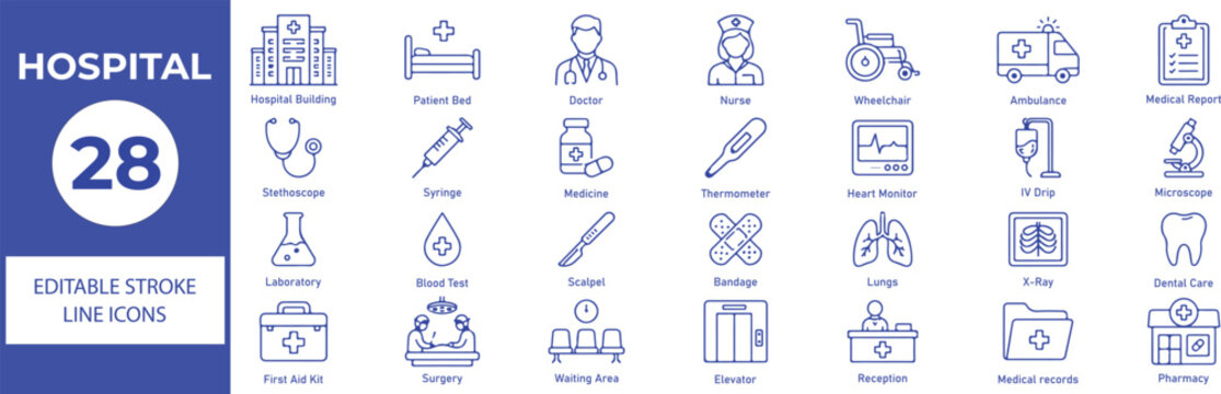 Hospital Vector Outline Icons Set &ndash; Medical, Healthcare, Emergency and Hospital Service Line Symbols Collection
