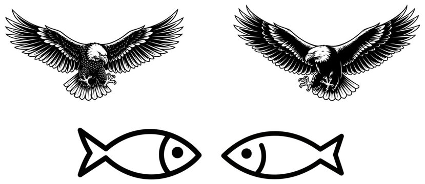 Black and white eagle and fish illustrations