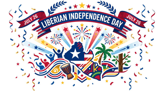 26 julyLiberia independents day Liberian Independence Day, patriotic icons, celebration symbols, festive graphics, July 26th isolated on White Background EPS