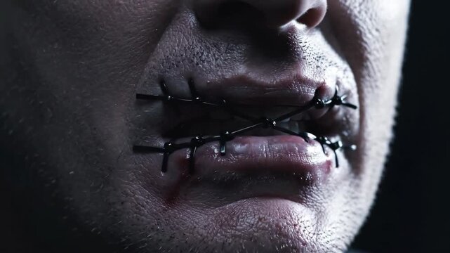 Close-up of mouth with lips stitched shut. Concept of censorship and forced silence. Dramatic macro shot of stitched lips with blood
