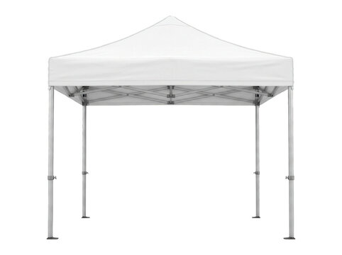 Outdoor white canopy tent standing on isolated background. Portable shelter for events and outdoor activities.