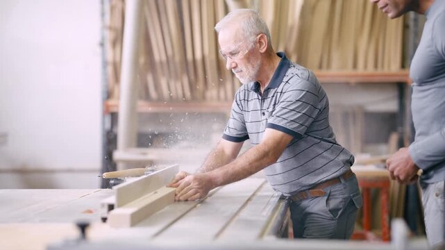 Elderly carpenter working in a joinery, he's cutting a piece of wood with a circular saw while a younger colleague is supervising him