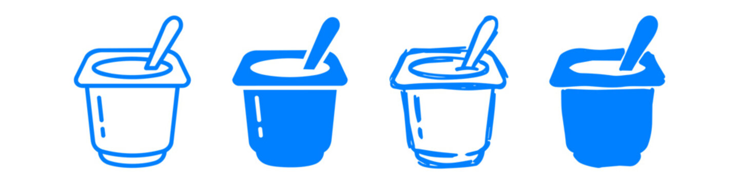 Set of blue yogurt cup icons in four hand-drawn styles, featuring outline and solid sketch variations with spoons. Ideal for dairy, health, and food design.