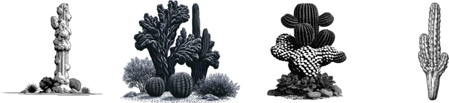A Totem Pole Cactus stands tall in a desert landscape, its unique black and white vector illustration highlighting its smooth, lumpy skin against a stark white background