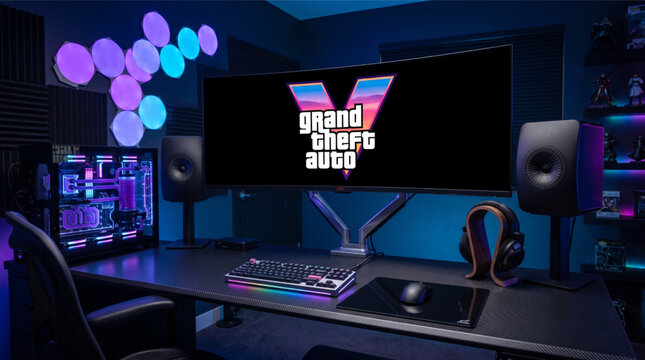Grand Theft Auto V GTA 5 video game logo on ultrawide PC screen in high-end gaming room setup with custom liquid-cooled computer, mechanical keyboard, RGB lighting, mouse, and professional speakers.