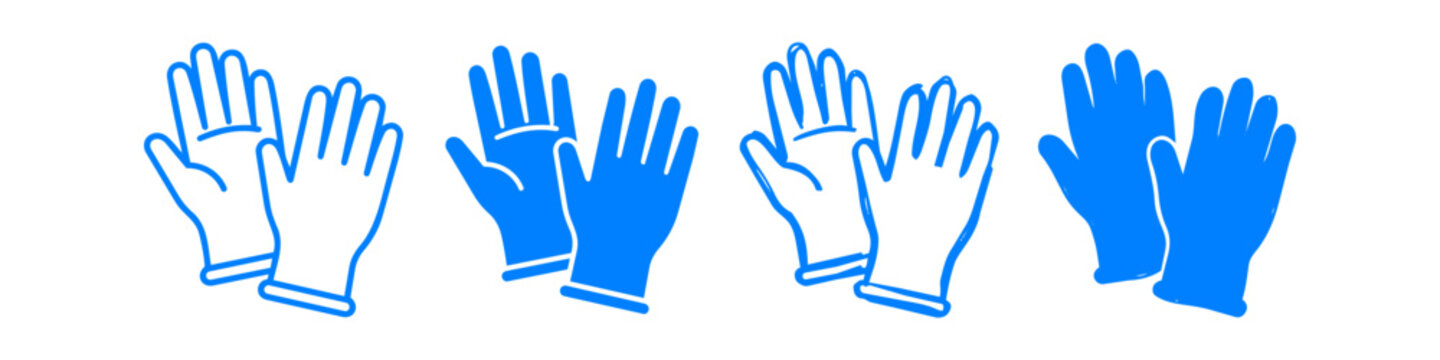 Set of blue protective glove icons in various graphic styles. Includes flat, outline, and hand-drawn designs for hygiene, medical, and cleaning contexts.