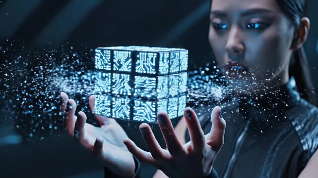 Glowing Circuitry Cube in Hands - A woman holds a cube with glowing blue circuitry patterns, surrounded by floating light particles.