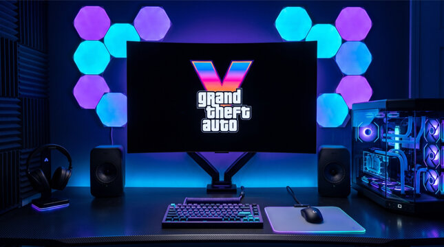Grand Theft Auto VI (GTA 6) video game logo displayed on a high-end curved monitor in a professional RGB gaming room setup with custom liquid-cooled PC, mechanical keyboard, mouse, and hex lights.