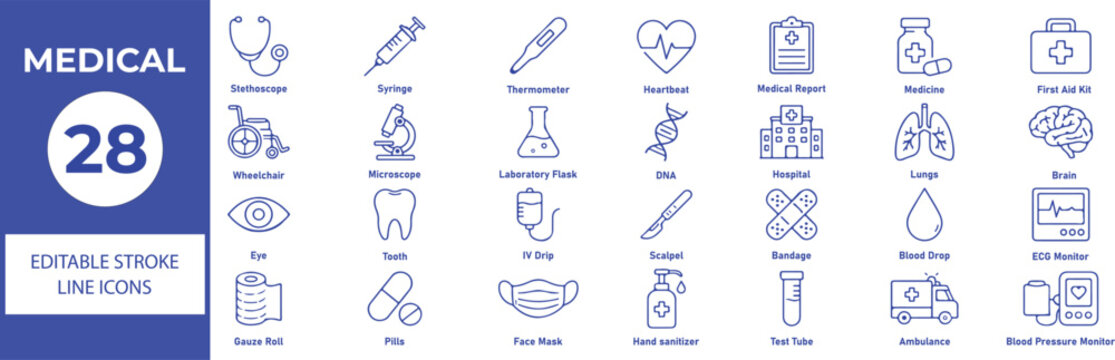Medical Vector Outline Icons Set &ndash; Healthcare, Hospital, Clinical Equipment and Medicine Line Symbols Collection