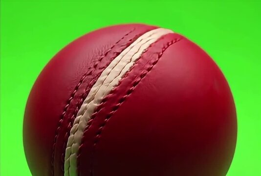 Red Leather Cricket Ball Spinning in Close Up Macro View