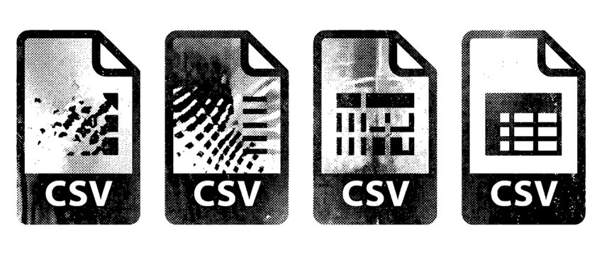 This halftone illustration portrays CSV files with different designs, symbolizing data, organization, and information management in a creative vector format.