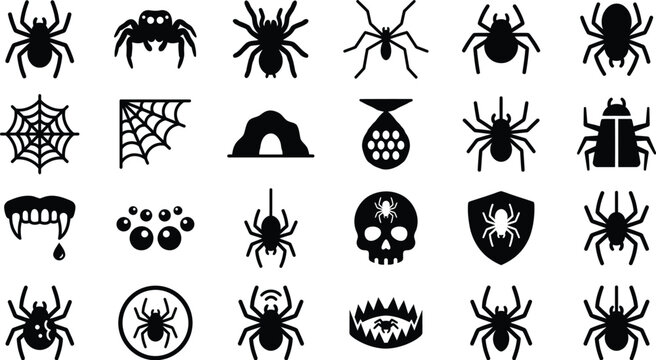 Halloween icons isolated on transparent background black spiders webs skulls fangs