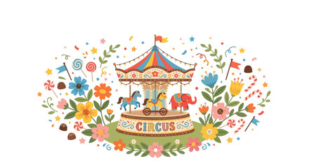 This whimsical vector illustration features a vintage circus carousel adorned with festive decorations like flowers, stars, and candy. © Regina