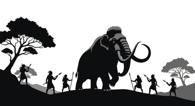 Black and white silhouette vector illustration of prehistoric tribal hunters armed with spears surrounding a giant woolly mammoth in a landscape with ancient trees and hills.