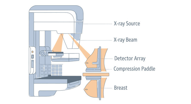 Vector illustration of mammography machine with labeled components for breast imaging technology