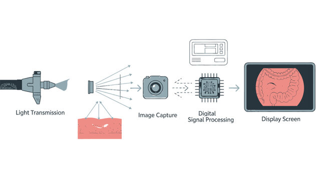 Vector illustration of medical imaging process with light transmission and digital signal processing steps