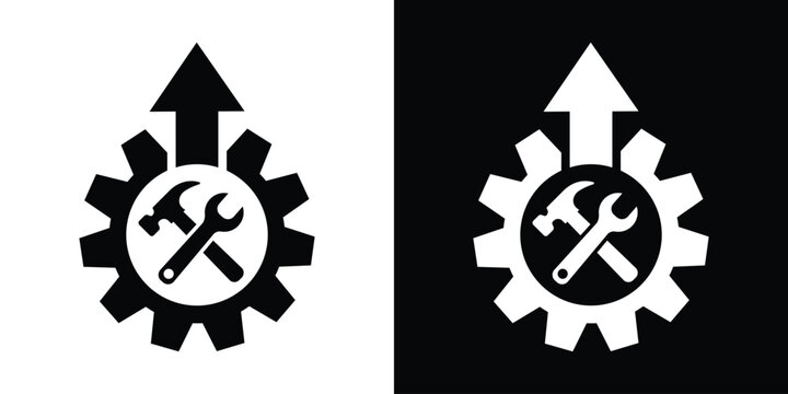 Maintenance and optimization vector graphic showing a mechanical gear with crossed hammer and wrench tools beneath an upward arrow. Black and white set.