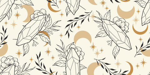 Fototapeta premium Magic art seamless pattern of crystals, leaves, stars and crescent moon. Simple style