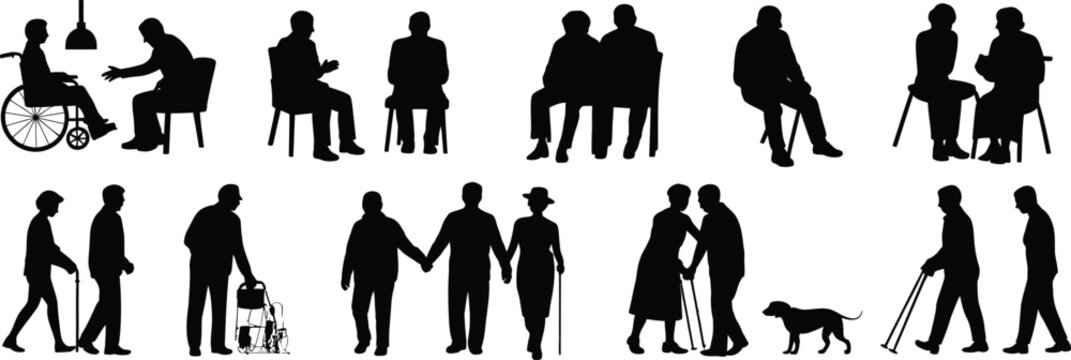 Silhouettes of people of different ages and abilities engaged in various activities on a white background