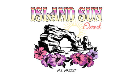 Island sun eternal design. Retro rock arch beach artwork. Hibiscus flower summer tee print. © rahel lila