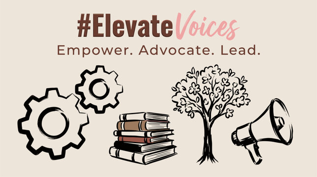 Elevate voices social advocacy design. Empower advocate lead graphic print. Hand drawn icons.