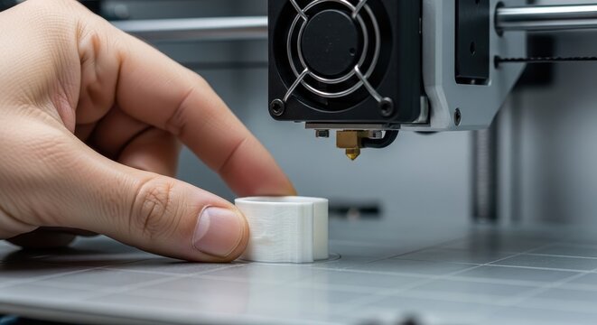 3D printer operator removing a white plastic prototype from the print bed