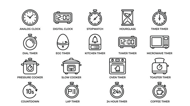 Set of timer and cooking appliance outline icons, collection of kitchen tools, simple line art illustrations for time.