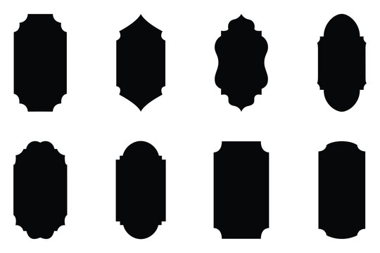 Collection of eight decorative black silhouette label frames and ornamental border shapes, elegant vintage style signboard templates for wedding invitations, product packaging, gift tags, and creative