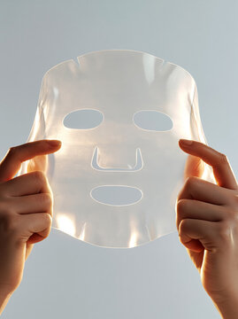 Translucent hydrogel sheet face mask held by hands against soft gray studio background.
