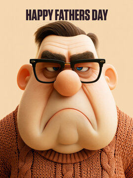 Funny 3d cartoon dad with glasses and knit sweater happy fathers day greeting card illustration.