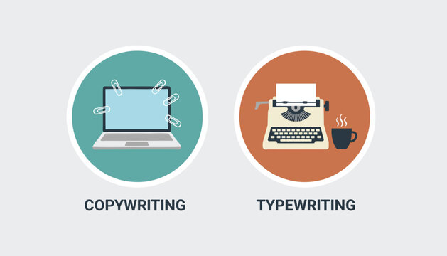 Copywriting and typewriting comparison represented by modern laptop and classic typewriter illustration icons on a gray background.