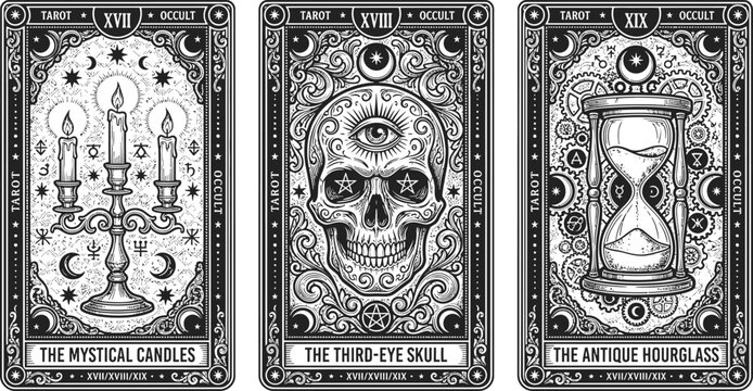 Funny skeleton halloween tarot card illustrations mystical occult symbols