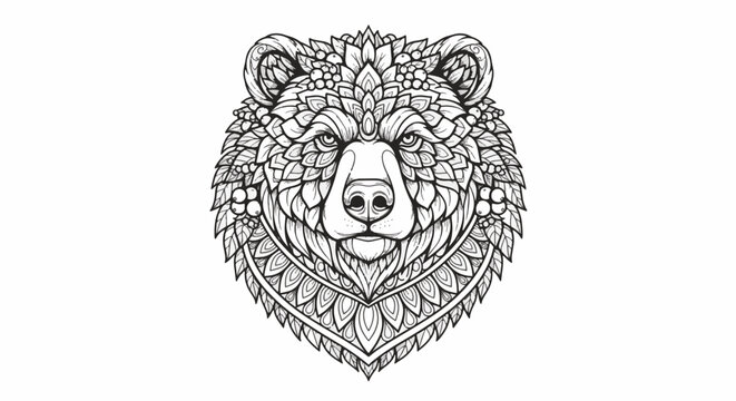 Detailed black and white grizzly bear head line art featuring intricate floral mandala patterns and botanical motifs. Symmetrical animal portrait isolated on a white background.