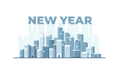 Fototapeta premium Modern city skyline covered in snow during a winter storm represents peaceful holiday season under text saying new year.