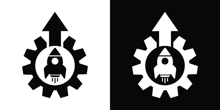 Rocket launch icon inside a gear with an upward arrow. Representing startup growth, project launch, and business acceleration. Minimalist black and white vector design.
