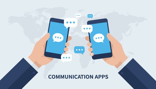 Hands of businessmen holding smartphones with speech bubbles over world map represent modern digital communication apps.